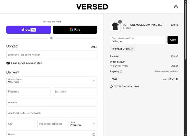 VERSED checkout page showing VERSED discount code box | Screenshot taken by SimplyCodes community member on May 17, 2025