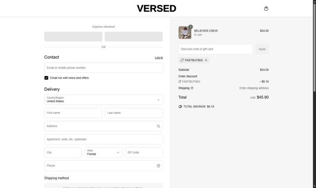 VERSED checkout page showing VERSED discount code box | Screenshot taken by SimplyCodes community member on May 17, 2025