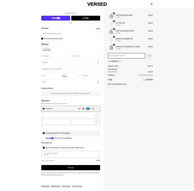 VERSED checkout page showing VERSED discount code box | Screenshot taken by SimplyCodes community member on May 17, 2025