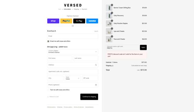 Versed Skincare checkout page showing Versed Skincare promo code box | Screenshot taken by SimplyCodes community member on Aug 30, 2025