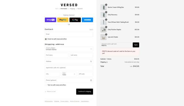Versed Skincare checkout page showing Versed Skincare promo code box | Screenshot taken by SimplyCodes community member on Aug 27, 2025