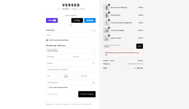 Versed Skincare checkout page showing Versed Skincare promo code box | Screenshot taken by SimplyCodes community member on Aug 22, 2025