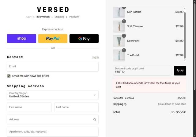 Versed Skincare checkout page showing Versed Skincare promo code box | Screenshot taken by SimplyCodes community member on Aug 30, 2025
