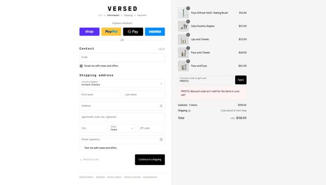 Versed Skincare checkout page showing Versed Skincare promo code box | Screenshot taken by SimplyCodes community member on Aug 13, 2025