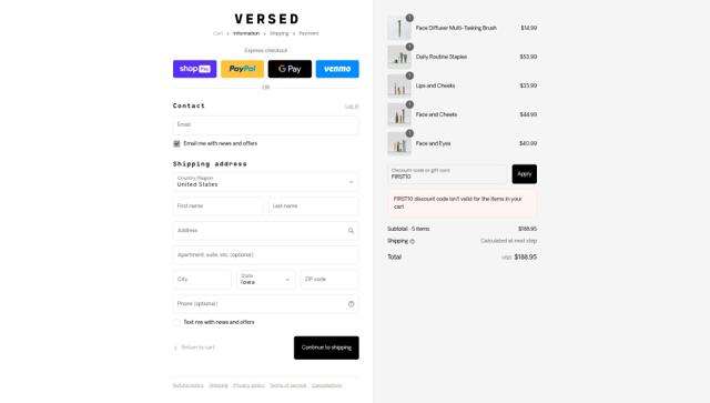 Versed Skincare checkout page showing Versed Skincare promo code box | Screenshot taken by SimplyCodes community member on Aug 17, 2025