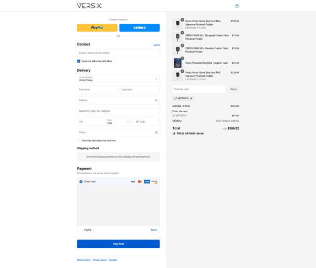Versix Pickleball checkout page showing Versix Pickleball discount code box | Screenshot taken by SimplyCodes community member on Sep 2, 2025
