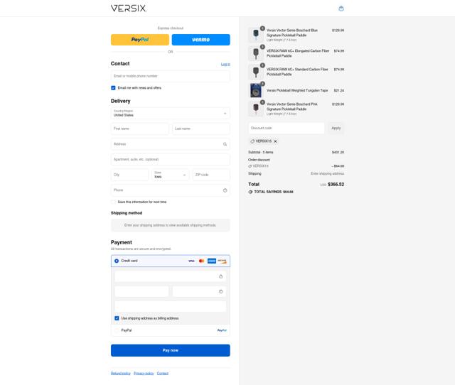 Versix Pickleball checkout page showing Versix Pickleball discount code box | Screenshot taken by SimplyCodes community member on Aug 29, 2025