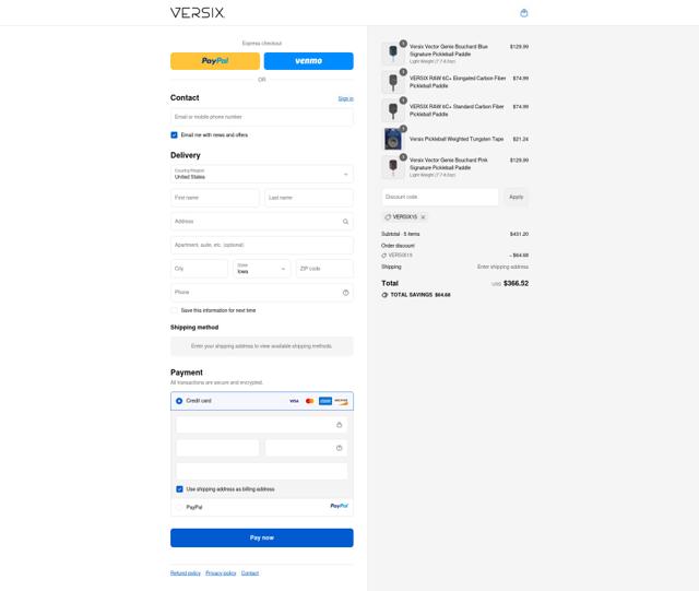 Versix Pickleball checkout page showing Versix Pickleball discount code box | Screenshot taken by SimplyCodes community member on Sep 10, 2025