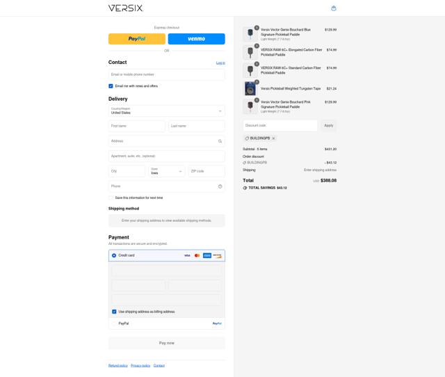 Versix Pickleball checkout page showing Versix Pickleball discount code box | Screenshot taken by SimplyCodes community member on Sep 6, 2025