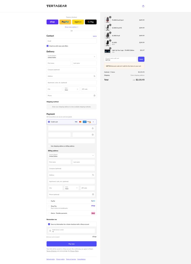 Vertagear checkout page showing Vertagear promo code box | Screenshot taken by SimplyCodes community member on Sep 4, 2025