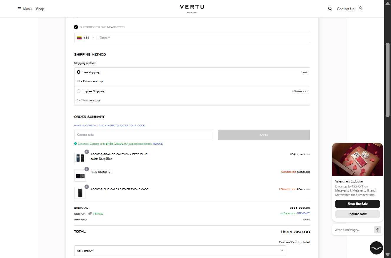 Vertu checkout page showing Vertu promo code box | Screenshot taken by SimplyCodes community member on Feb 11, 2026