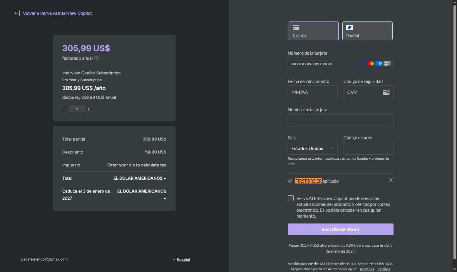 Verve AI checkout page showing Verve AI discount code box | Screenshot taken by SimplyCodes community member on Jan 3, 2026