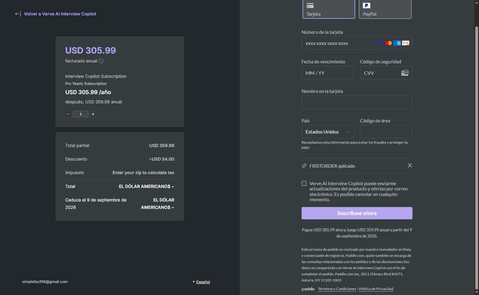 Verve AI checkout page showing Verve AI discount code box | Screenshot taken by SimplyCodes community member on Sep 9, 2025
