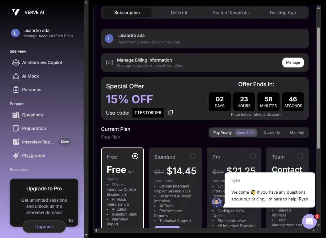 Verve AI checkout page showing Verve AI discount code box | Screenshot taken by SimplyCodes community member on Jun 14, 2025