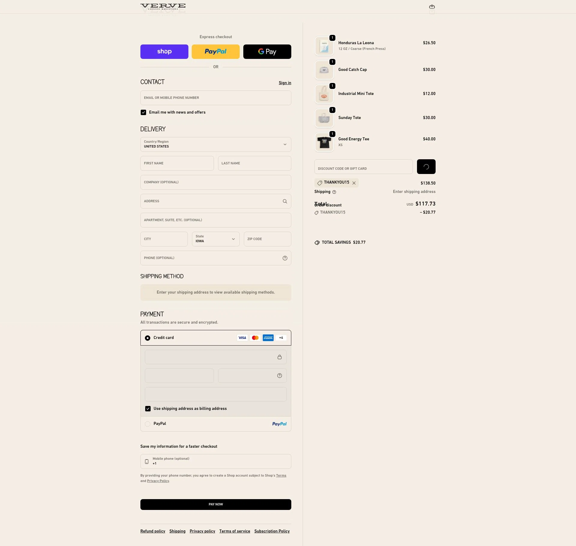 Verve Coffee Roasters checkout page showing Verve Coffee Roasters discount code box | Screenshot taken by SimplyCodes community member on Feb 3, 2026