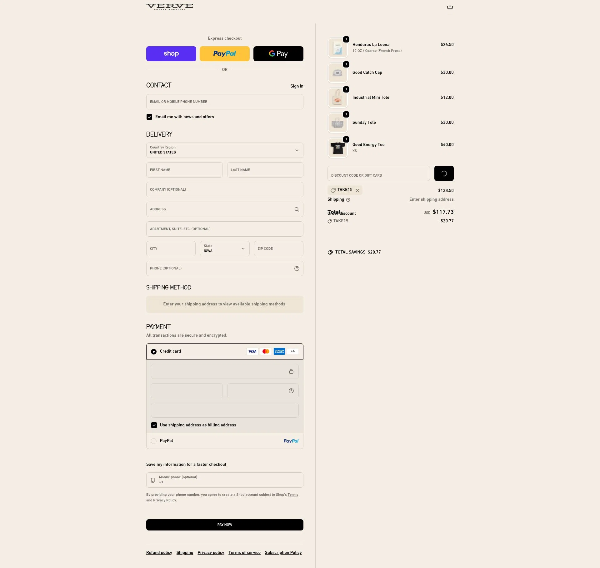 Verve Coffee Roasters checkout page showing Verve Coffee Roasters discount code box | Screenshot taken by SimplyCodes community member on Feb 3, 2026
