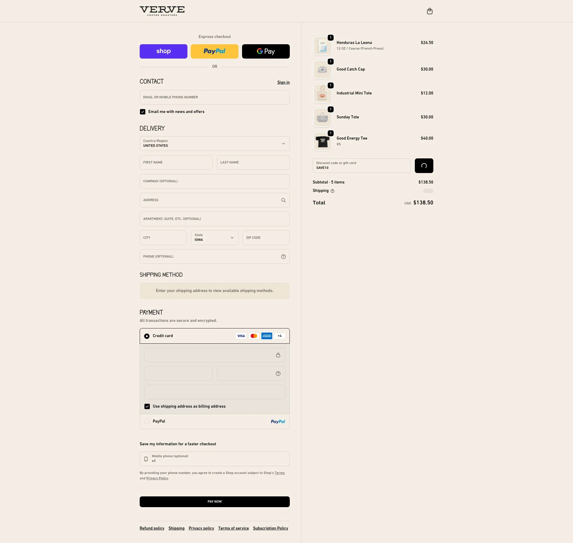 Verve Coffee Roasters checkout page showing Verve Coffee Roasters discount code box | Screenshot taken by SimplyCodes community member on Feb 3, 2026