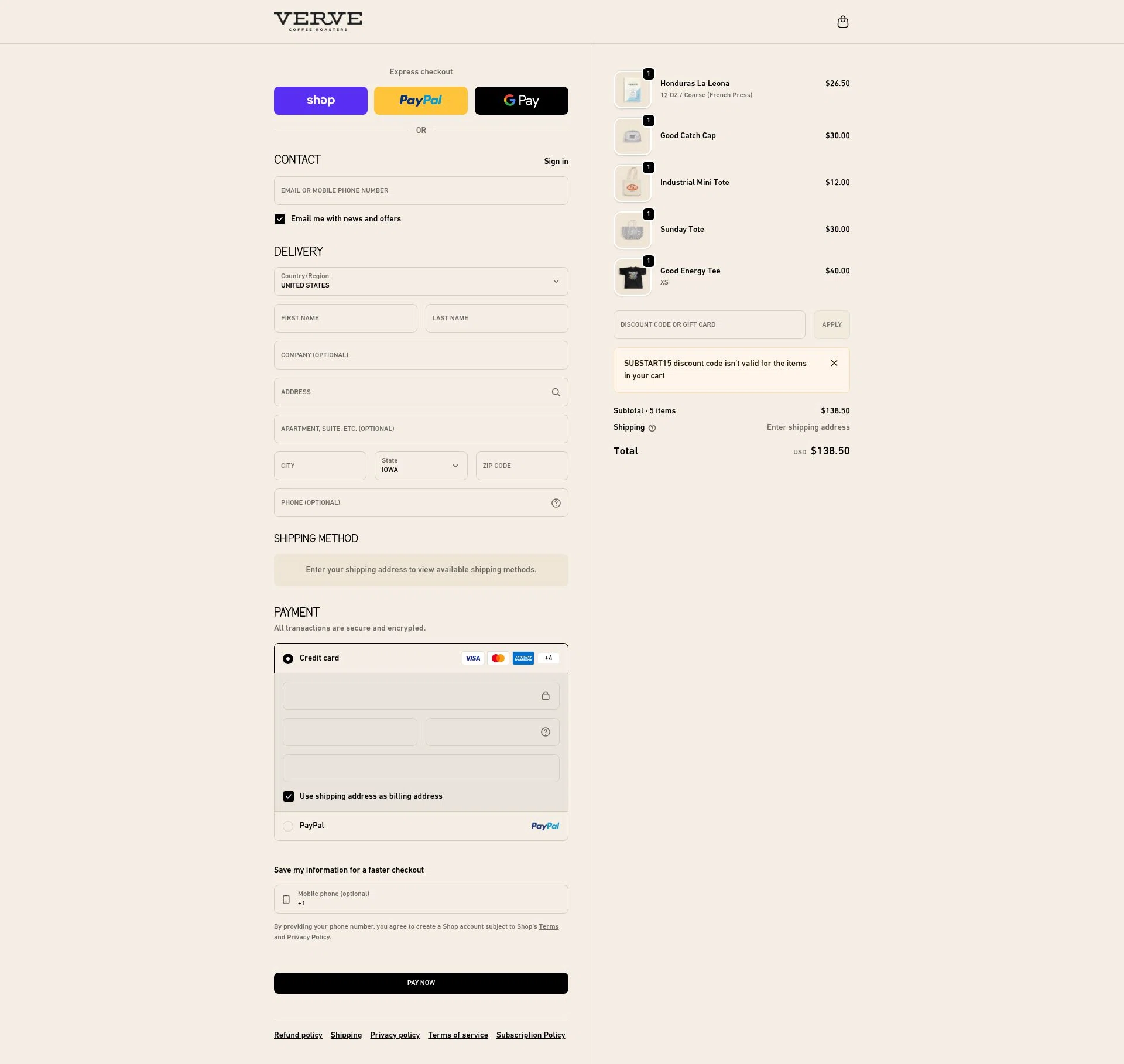Verve Coffee Roasters checkout page showing Verve Coffee Roasters discount code box | Screenshot taken by SimplyCodes community member on Feb 3, 2026