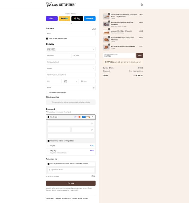 Verve Culture checkout page showing Verve Culture discount code box | Screenshot taken by SimplyCodes community member on Sep 7, 2025