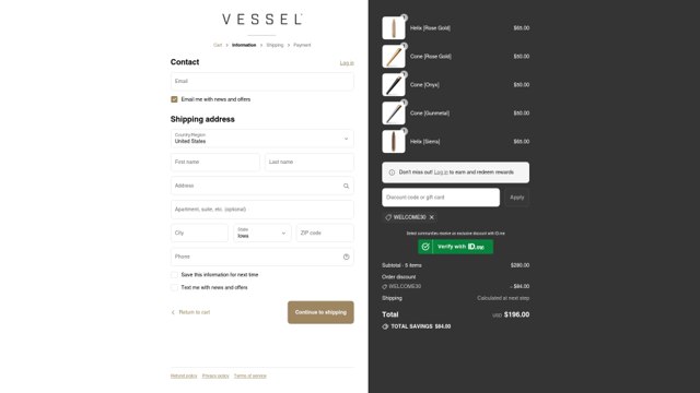Vessel Brand checkout page showing Vessel Brand discount code box | Screenshot taken by SimplyCodes community member on Sep 8, 2025