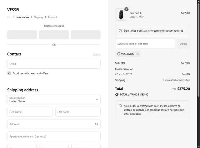 VESSEL checkout page showing VESSEL discount code box | Screenshot taken by SimplyCodes community member on Sep 15, 2025