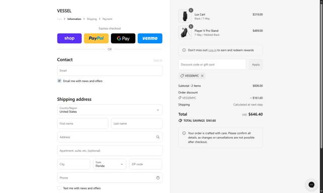 VESSEL checkout page showing VESSEL discount code box | Screenshot taken by SimplyCodes community member on Sep 15, 2025
