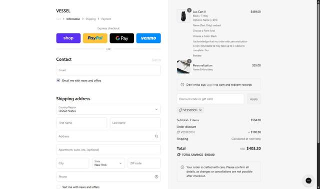 VESSEL checkout page showing VESSEL discount code box | Screenshot taken by SimplyCodes community member on Sep 16, 2025