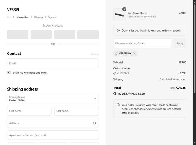 VESSEL checkout page showing VESSEL discount code box | Screenshot taken by SimplyCodes community member on Sep 13, 2025