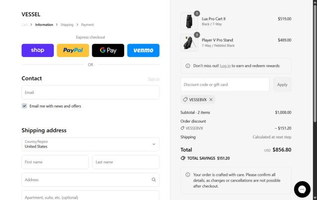 VESSEL checkout page showing VESSEL discount code box | Screenshot taken by SimplyCodes community member on Sep 12, 2025