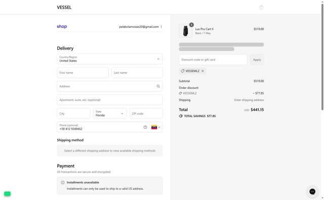 VESSEL checkout page showing VESSEL discount code box | Screenshot taken by SimplyCodes community member on Sep 12, 2025