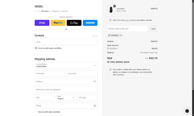 VESSEL checkout page showing VESSEL discount code box | Screenshot taken by SimplyCodes community member on Sep 14, 2025