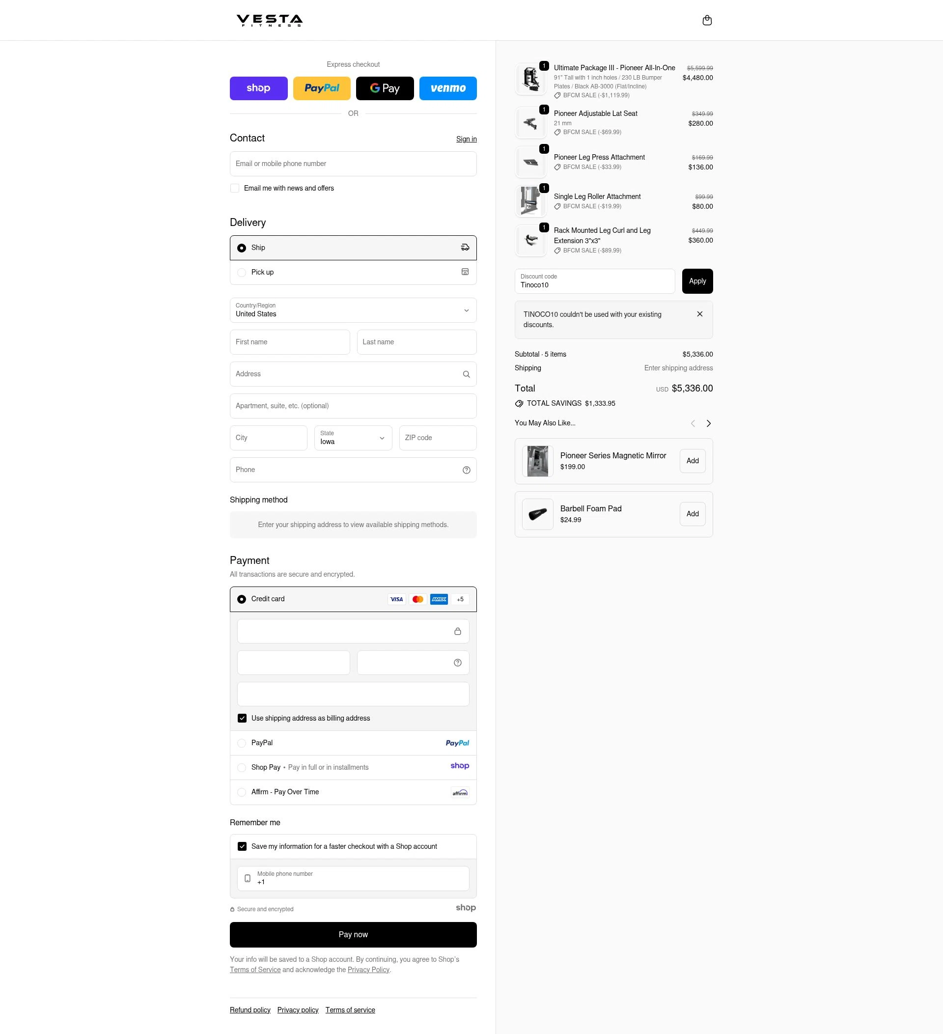 Vesta Fitness checkout page showing Vesta Fitness discount code box | Screenshot taken by SimplyCodes community member on Nov 15, 2025