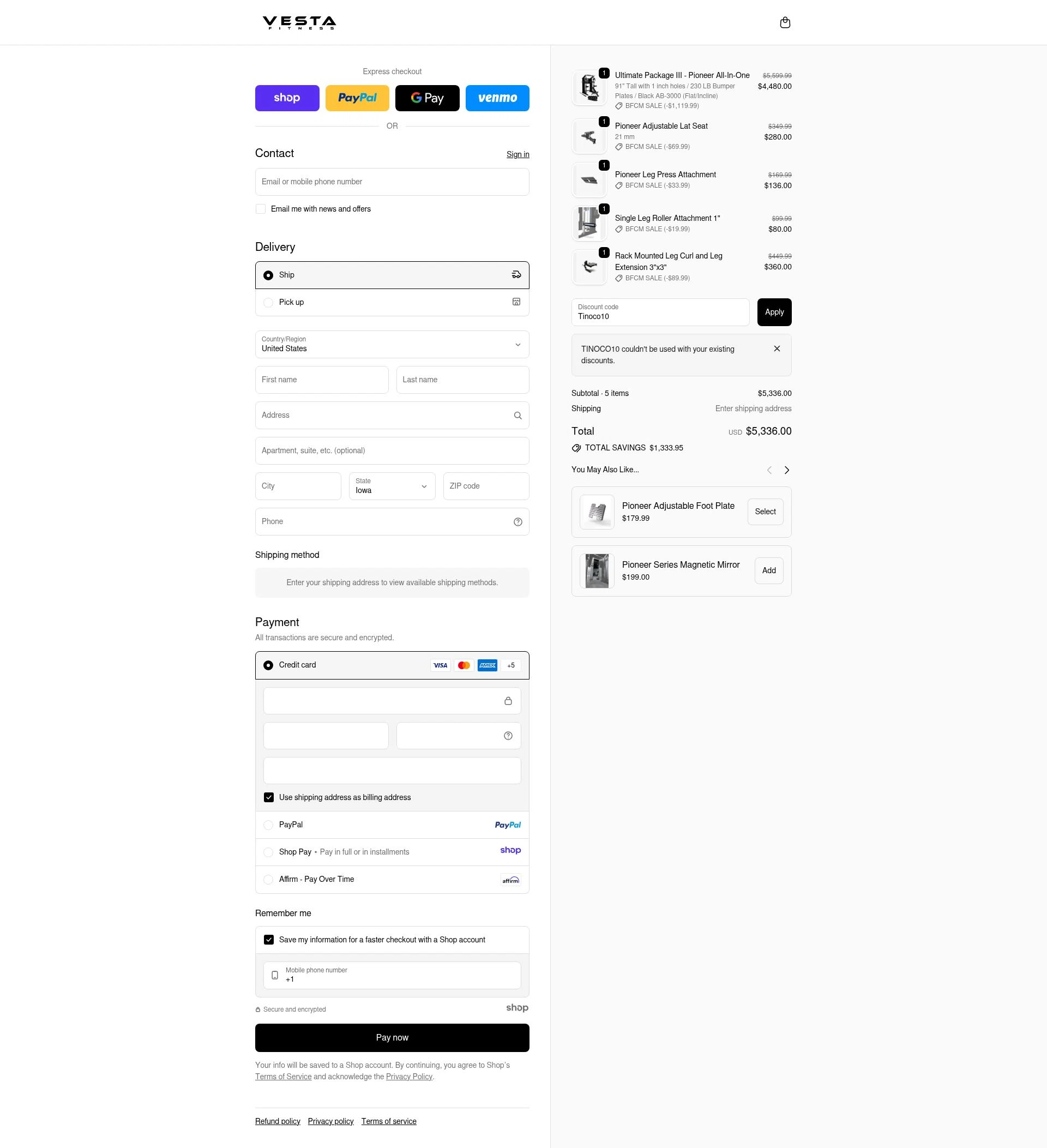 Vesta Fitness checkout page showing Vesta Fitness discount code box | Screenshot taken by SimplyCodes community member on Nov 20, 2025