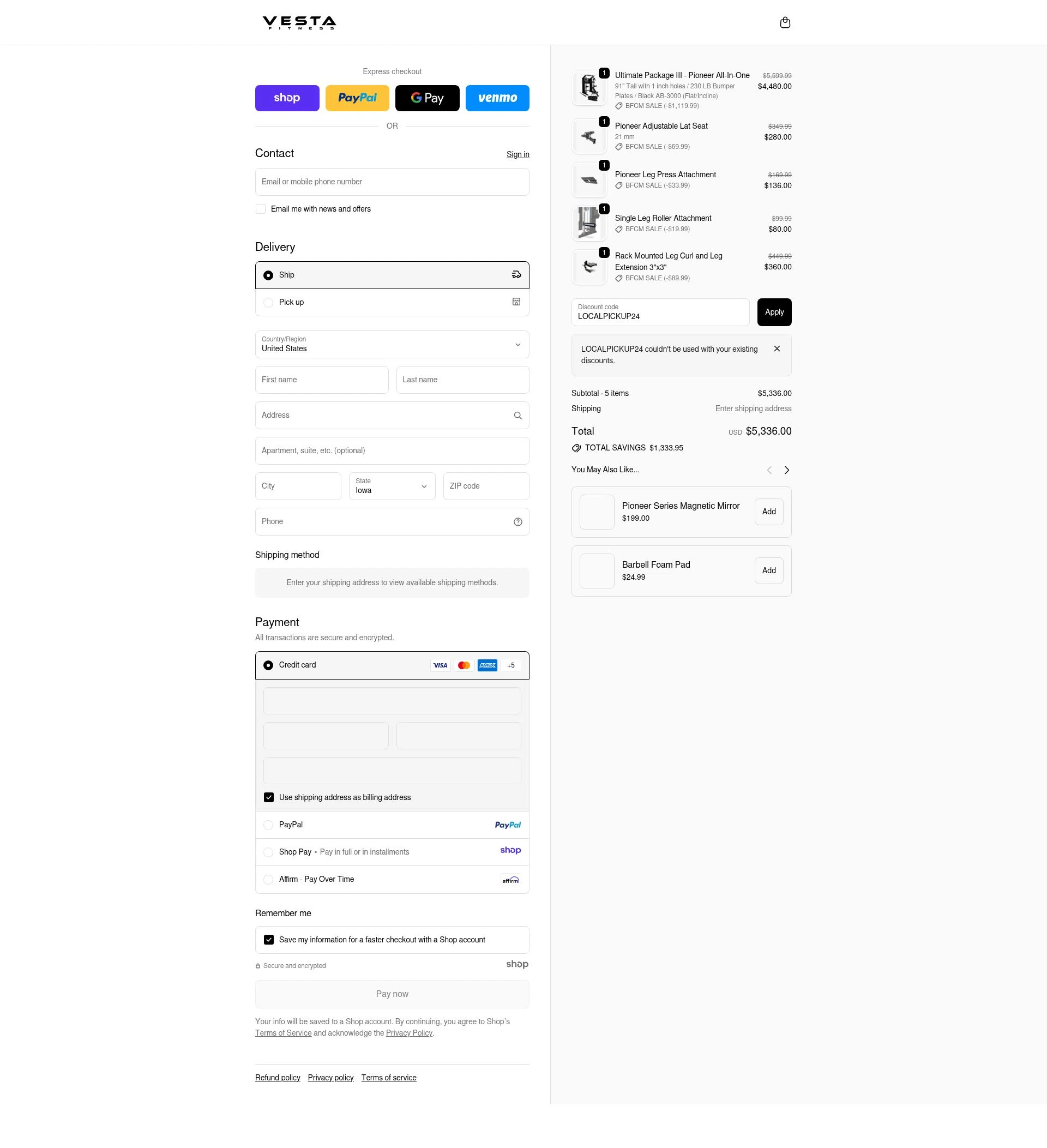 Vesta Fitness checkout page showing Vesta Fitness discount code box | Screenshot taken by SimplyCodes community member on Nov 15, 2025