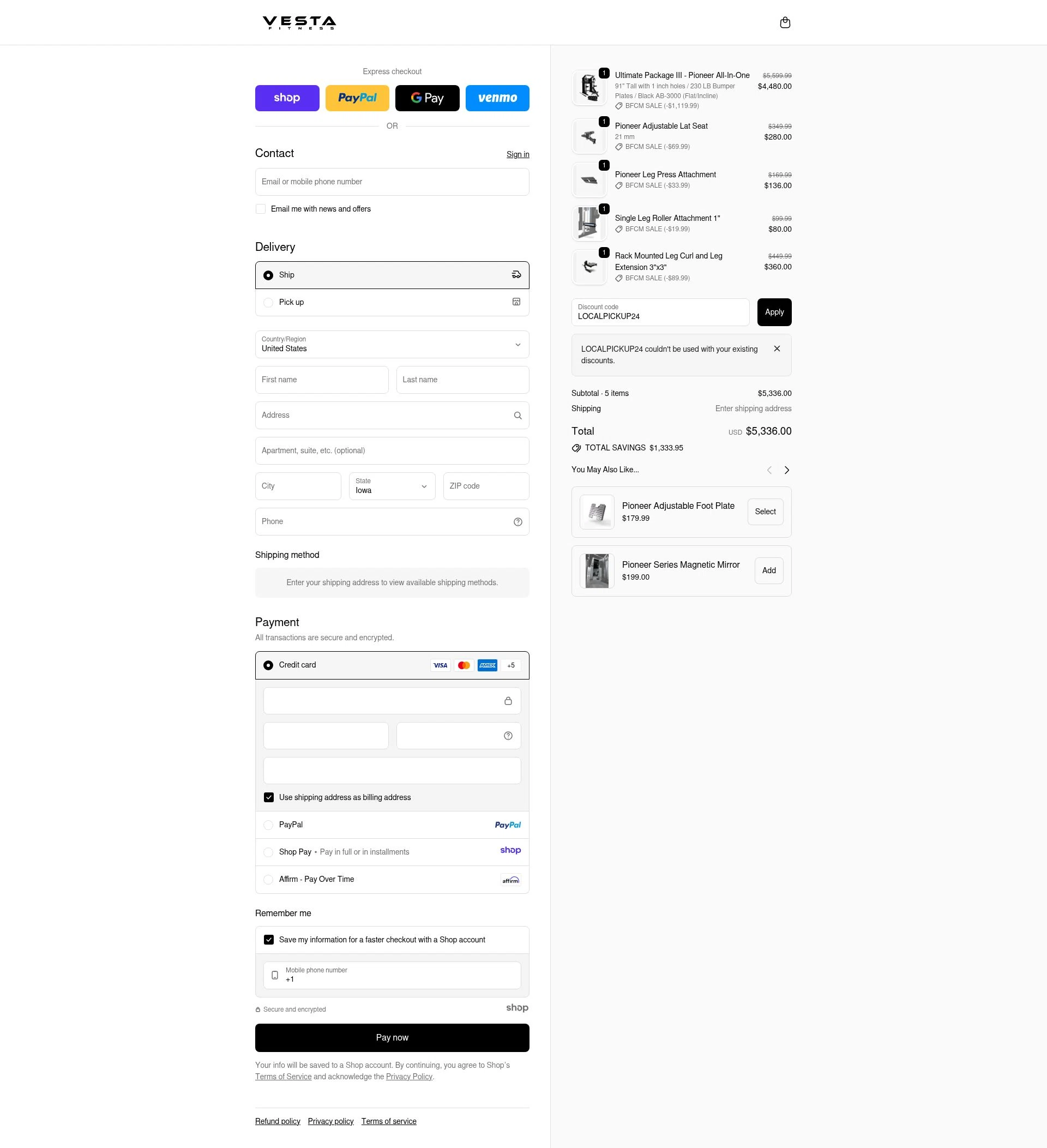 Vesta Fitness checkout page showing Vesta Fitness discount code box | Screenshot taken by SimplyCodes community member on Nov 20, 2025