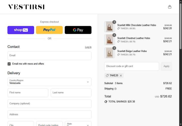 Vestirsi checkout page showing Vestirsi discount code box | Screenshot taken by SimplyCodes community member on Aug 20, 2025