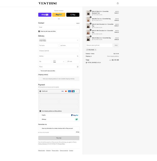 Vestirsi checkout page showing Vestirsi discount code box | Screenshot taken by SimplyCodes community member on Aug 9, 2025