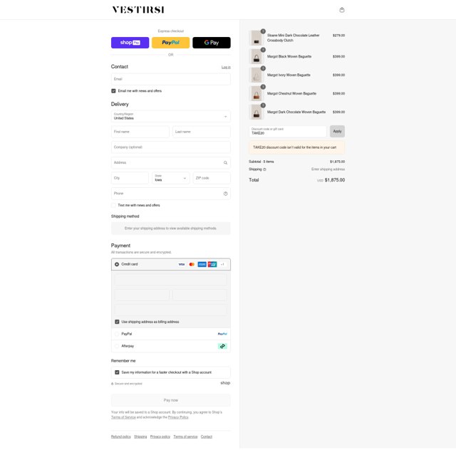 Vestirsi checkout page showing Vestirsi discount code box | Screenshot taken by SimplyCodes community member on Aug 22, 2025
