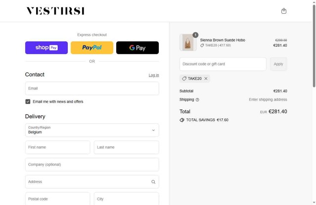 Vestirsi checkout page showing Vestirsi discount code box | Screenshot taken by SimplyCodes community member on Aug 18, 2025