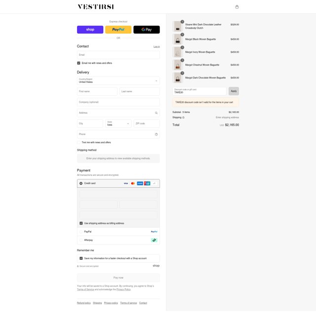 Vestirsi checkout page showing Vestirsi discount code box | Screenshot taken by SimplyCodes community member on Aug 31, 2025