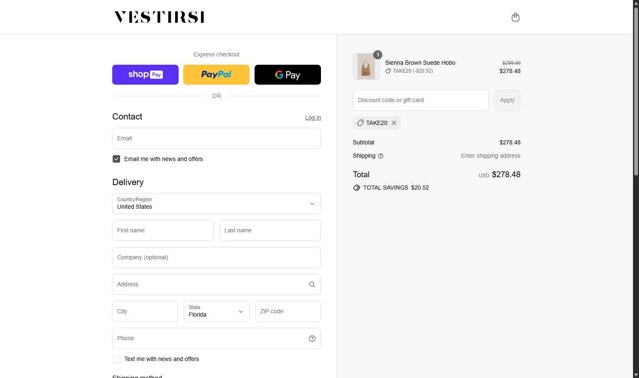 Vestirsi checkout page showing Vestirsi discount code box | Screenshot taken by SimplyCodes community member on Aug 24, 2025