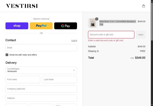 Vestirsi checkout page showing Vestirsi discount code box | Screenshot taken by SimplyCodes community member on Aug 14, 2025