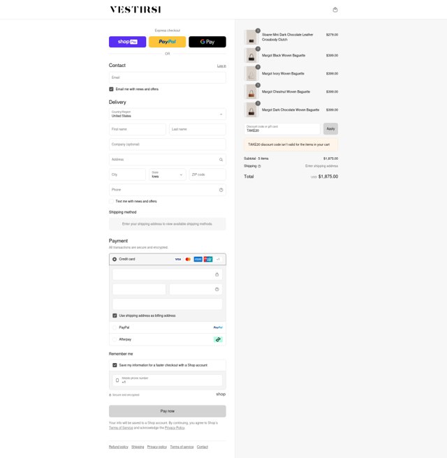 Vestirsi checkout page showing Vestirsi discount code box | Screenshot taken by SimplyCodes community member on Aug 26, 2025