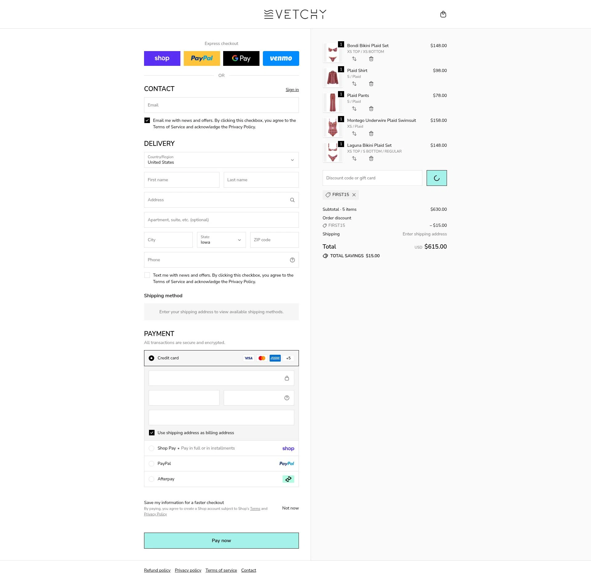 VETCHY SWIMWEAR checkout page showing VETCHY SWIMWEAR discount code box | Screenshot taken by SimplyCodes community member on Feb 14, 2026