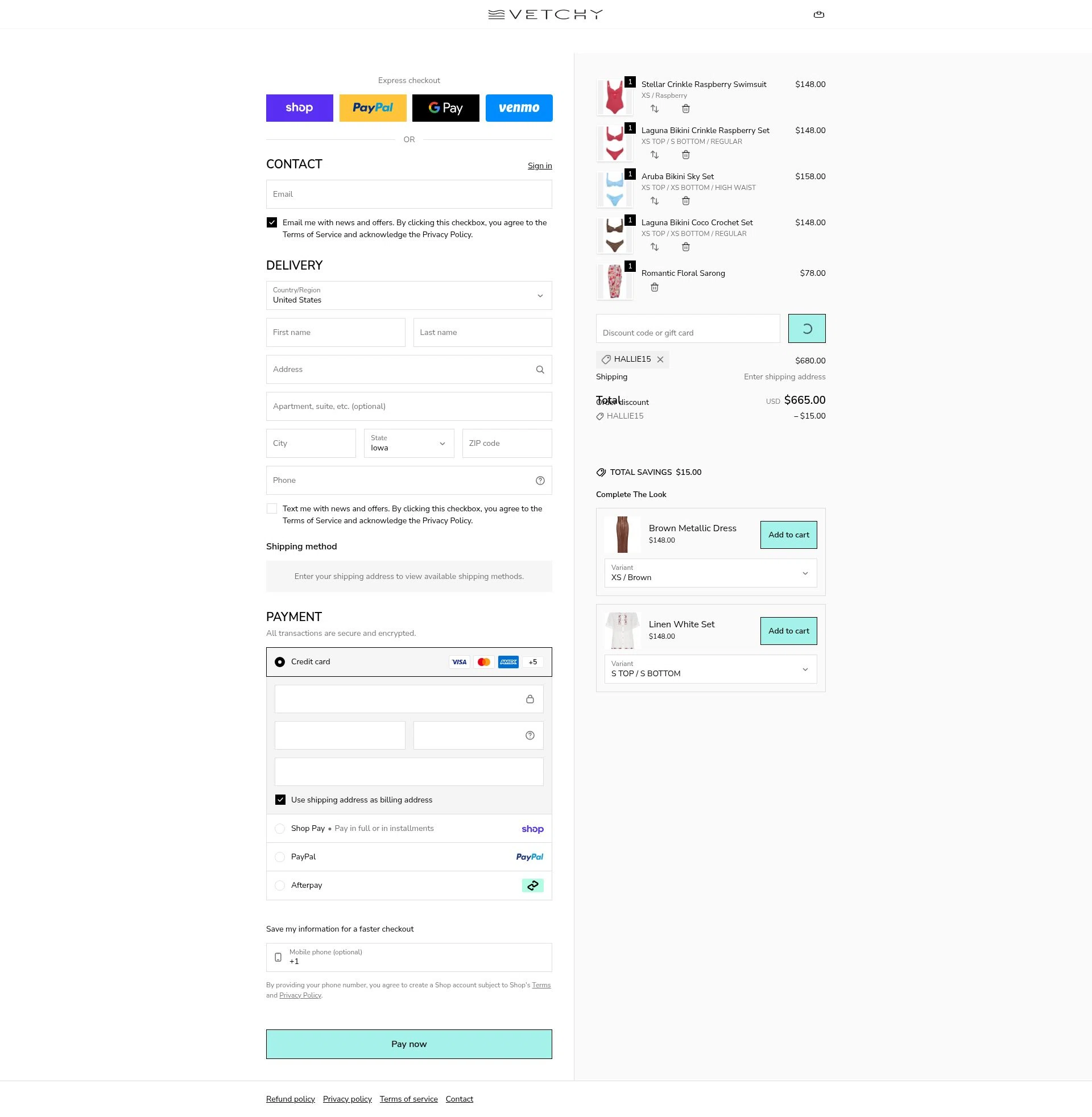 VETCHY SWIMWEAR checkout page showing VETCHY SWIMWEAR discount code box | Screenshot taken by SimplyCodes community member on Feb 18, 2026