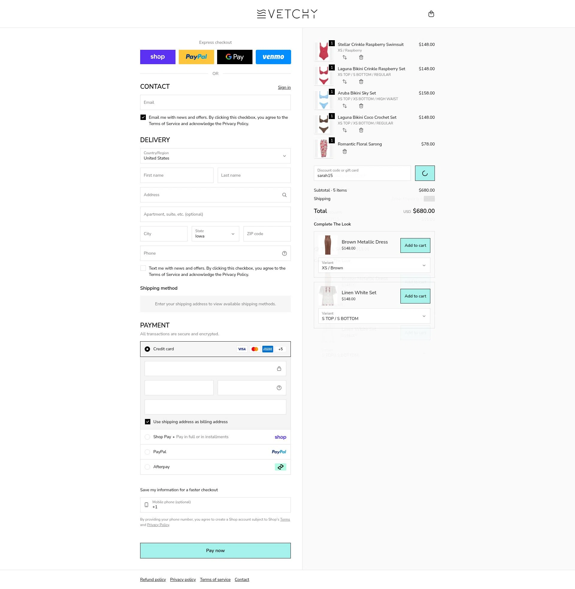 VETCHY SWIMWEAR checkout page showing VETCHY SWIMWEAR discount code box | Screenshot taken by SimplyCodes community member on Feb 18, 2026