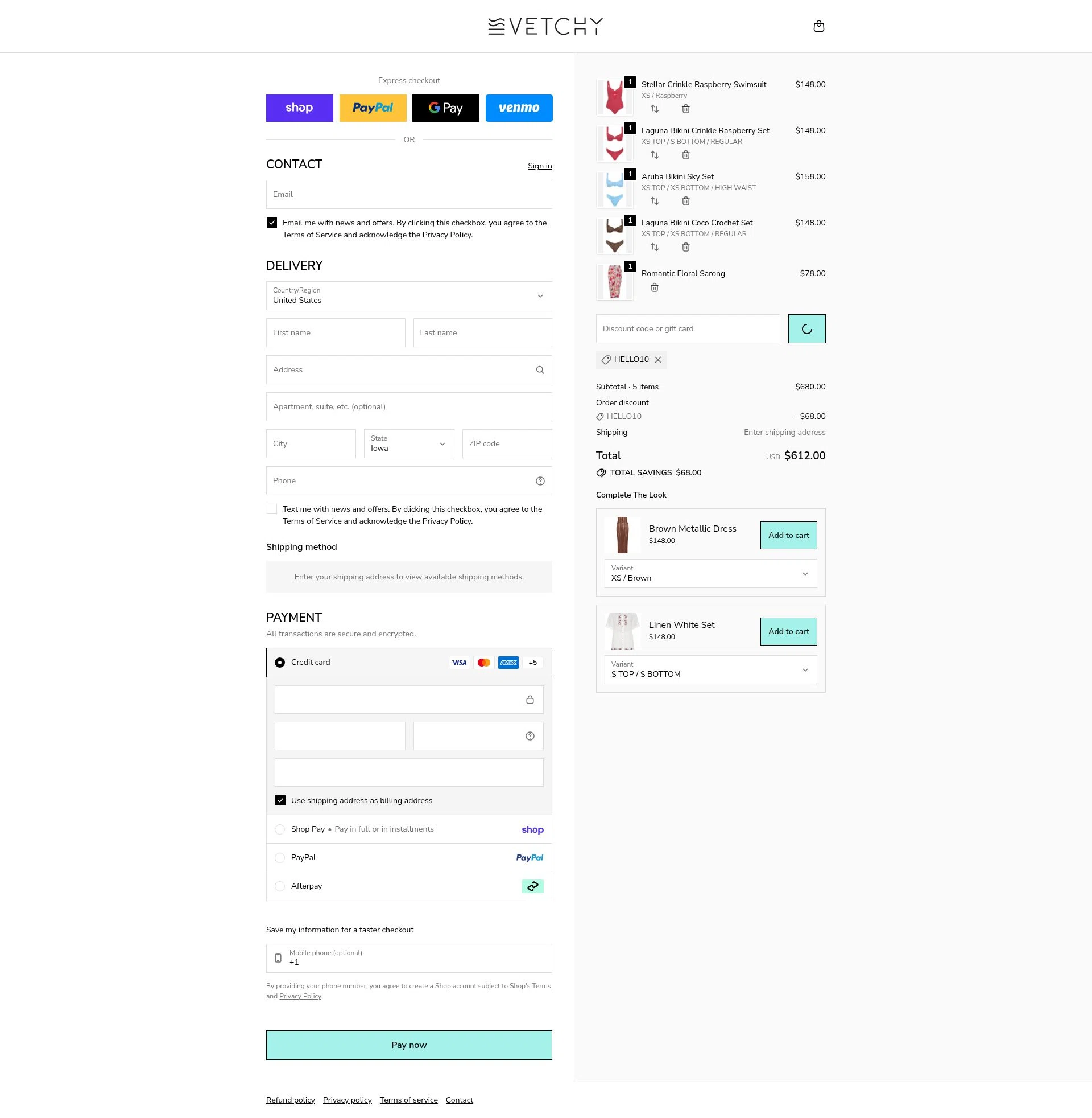 VETCHY SWIMWEAR checkout page showing VETCHY SWIMWEAR discount code box | Screenshot taken by SimplyCodes community member on Feb 18, 2026