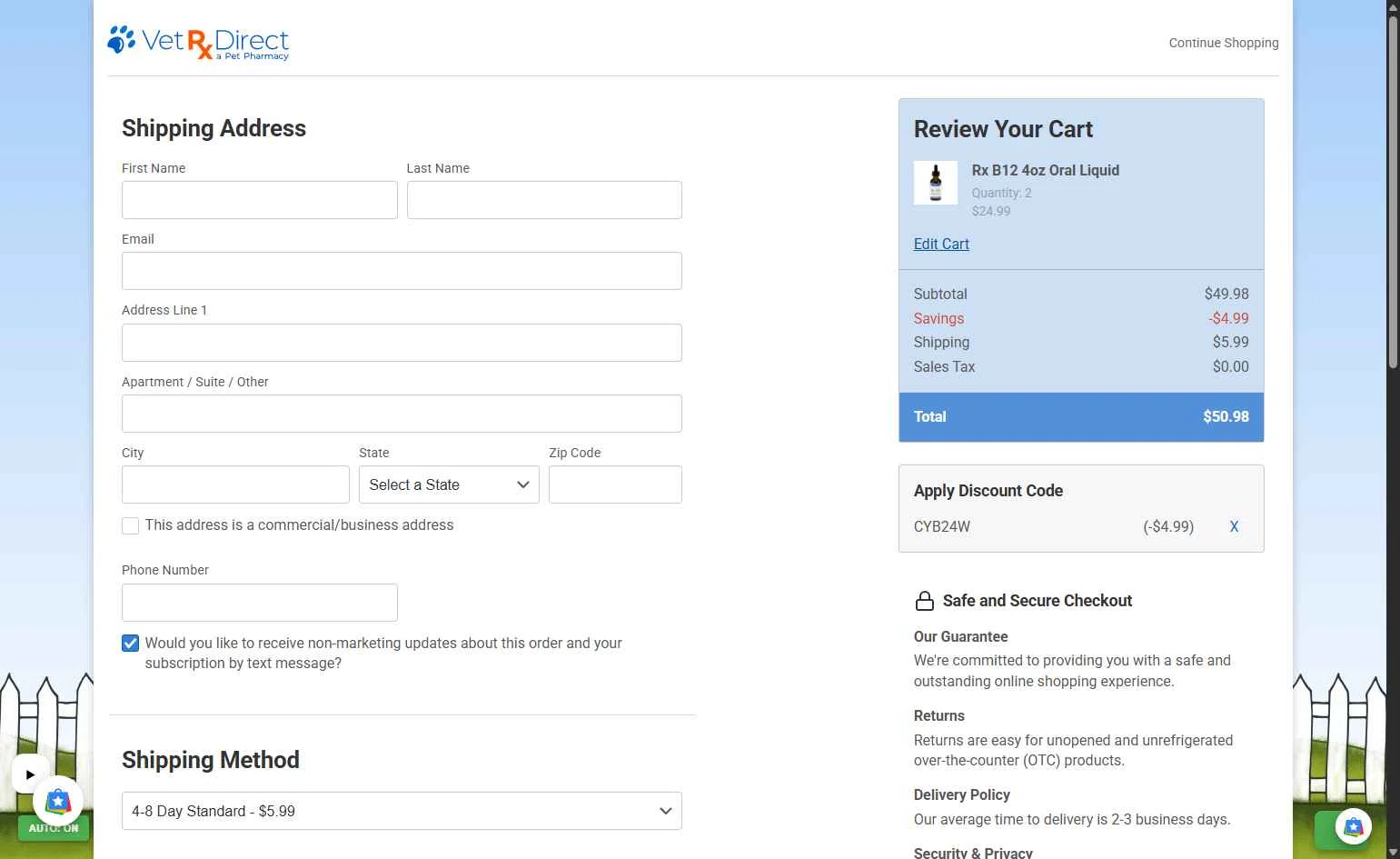 VetRxDirect checkout page showing VetRxDirect coupon code box | Screenshot taken by SimplyCodes community member on Jan 26, 2026