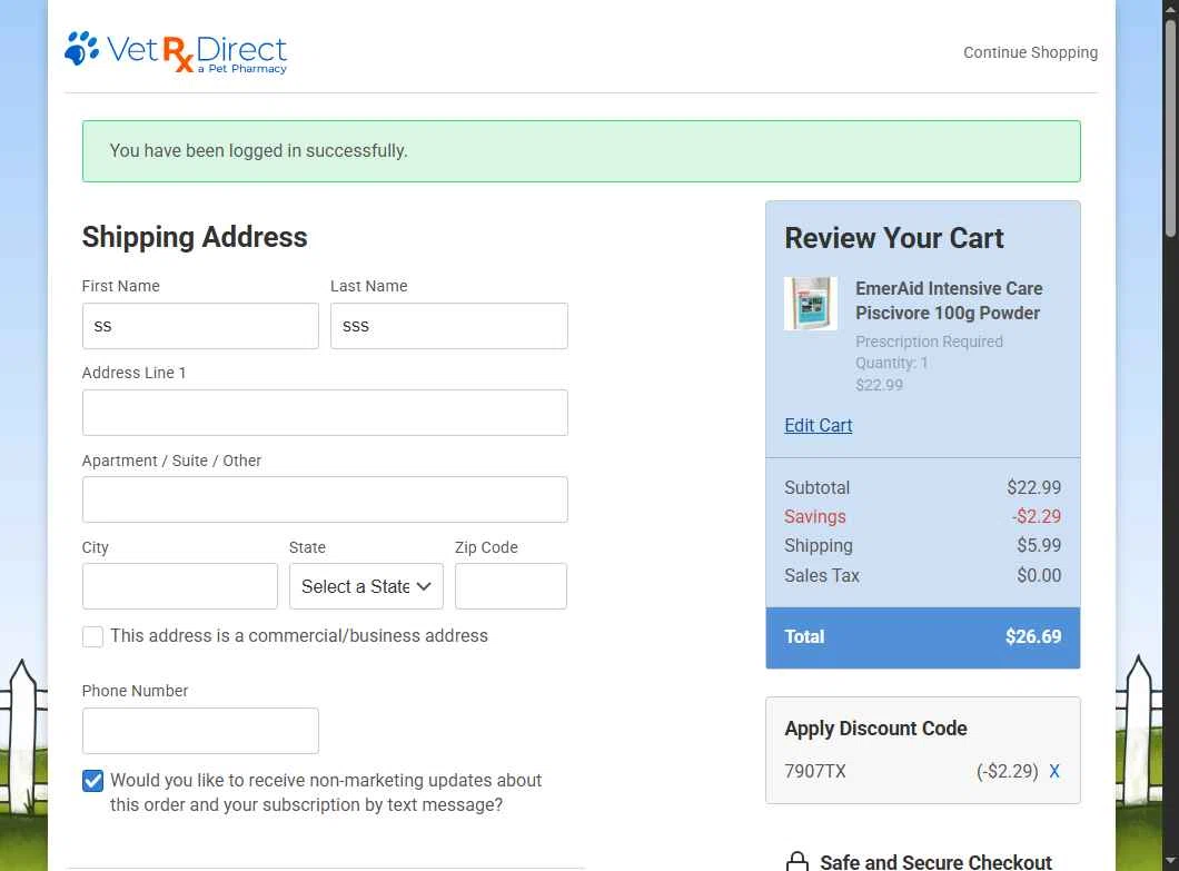 VetRxDirect checkout page showing VetRxDirect coupon code box | Screenshot taken by SimplyCodes community member on Jan 3, 2026
