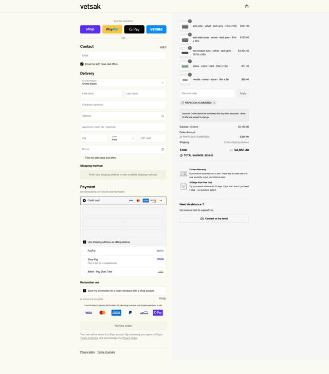 vetsak checkout page showing vetsak discount code box | Screenshot taken by SimplyCodes community member on Sep 3, 2025